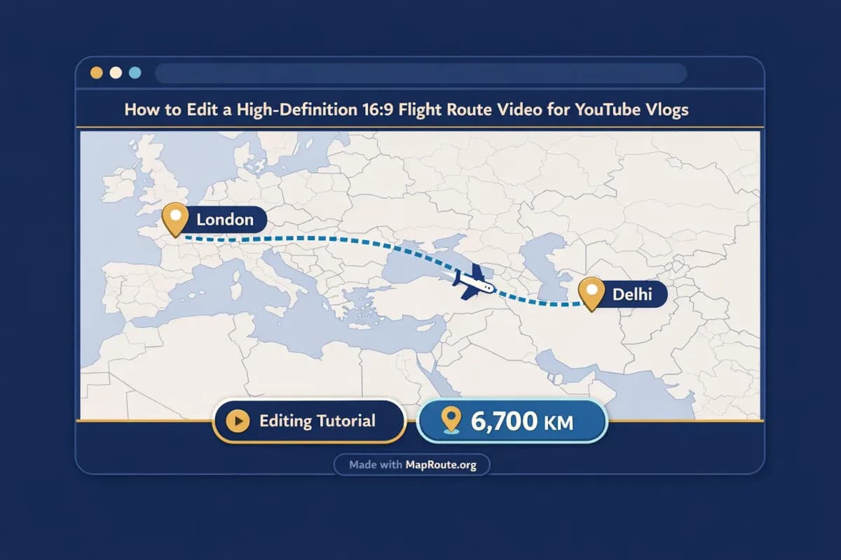 Browser window showing a flight route animation between two cities on a world map