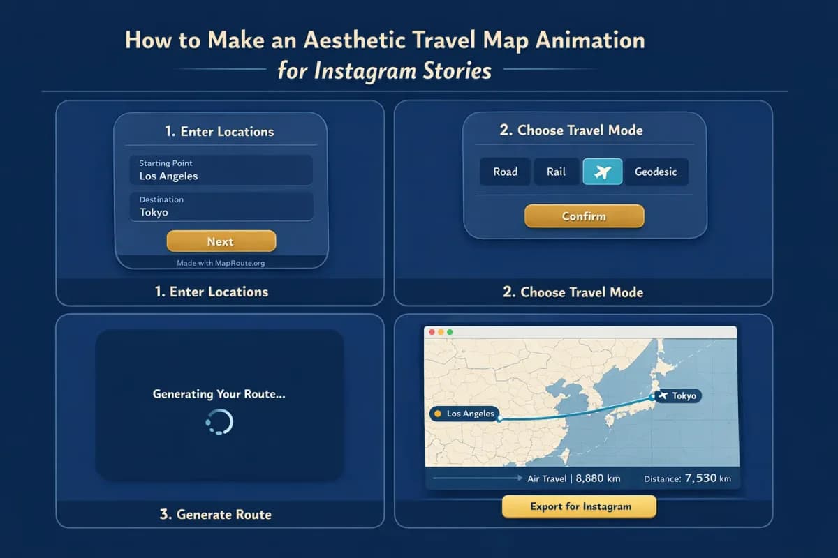 Browser window with a travel map route animation being prepared for social media export