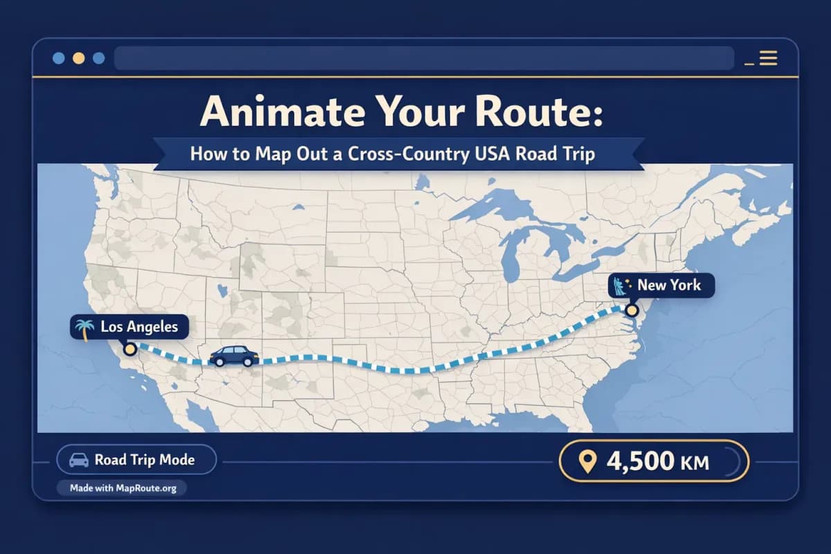 Browser window showing an animated New York to Los Angeles road path with km tracker