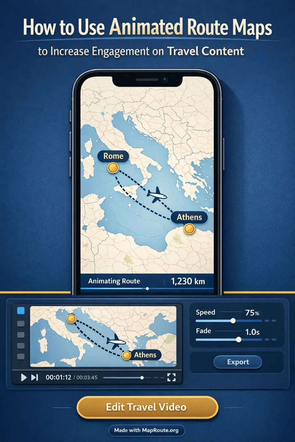 Creator editing a travel video with an animated route map overlay