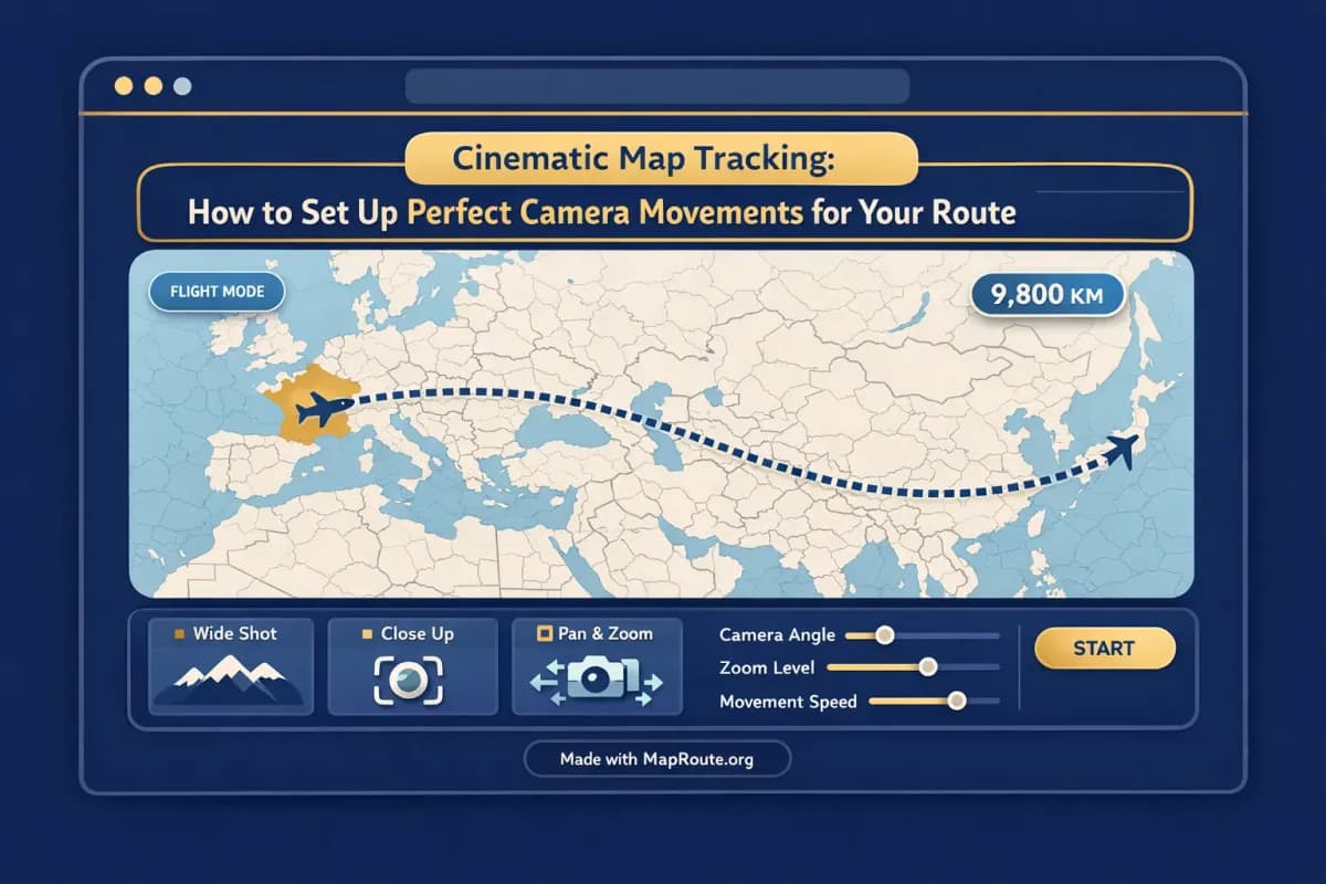 Browser window with a map route animation and camera framing controls visible on screen