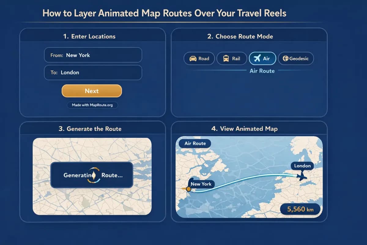Animated map route showing a journey between two cities on a light basemap