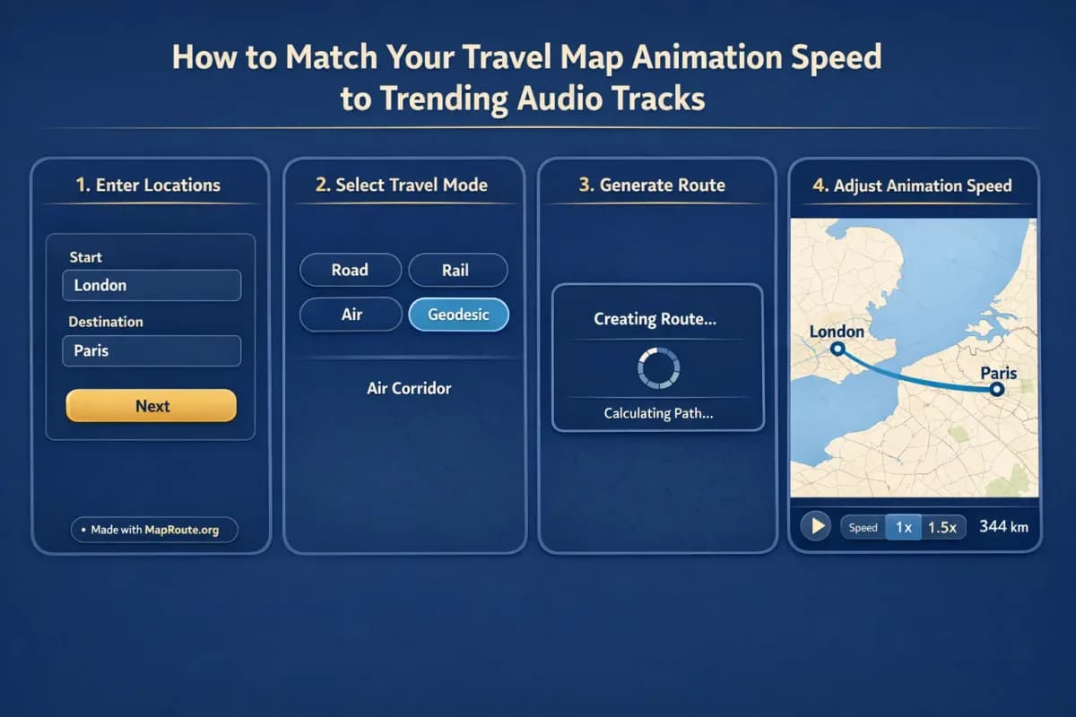 Travel map animation showing a route from London to Paris with playback speed controls