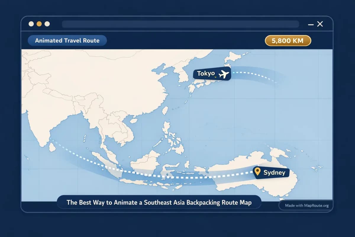 Browser window displaying an animated air corridor route between two cities