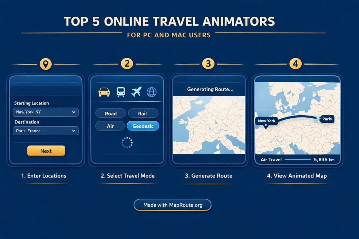 Screen showing a map-based travel animation between two cities