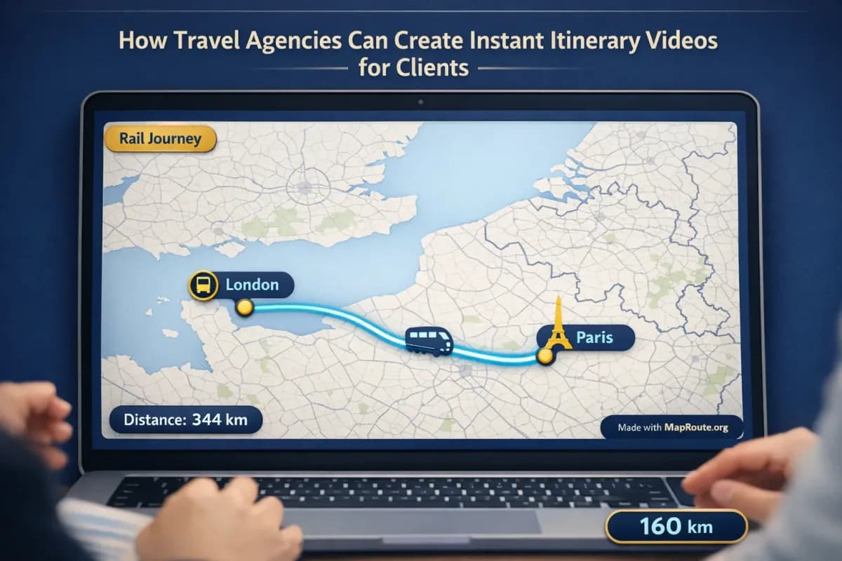 Travel agent presenting a map-based itinerary video to clients on a laptop screen