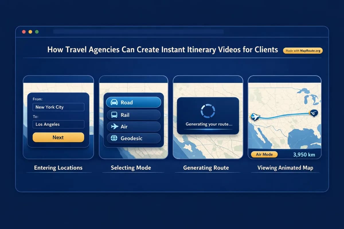 Browser window showing an animated travel route between two cities on a map