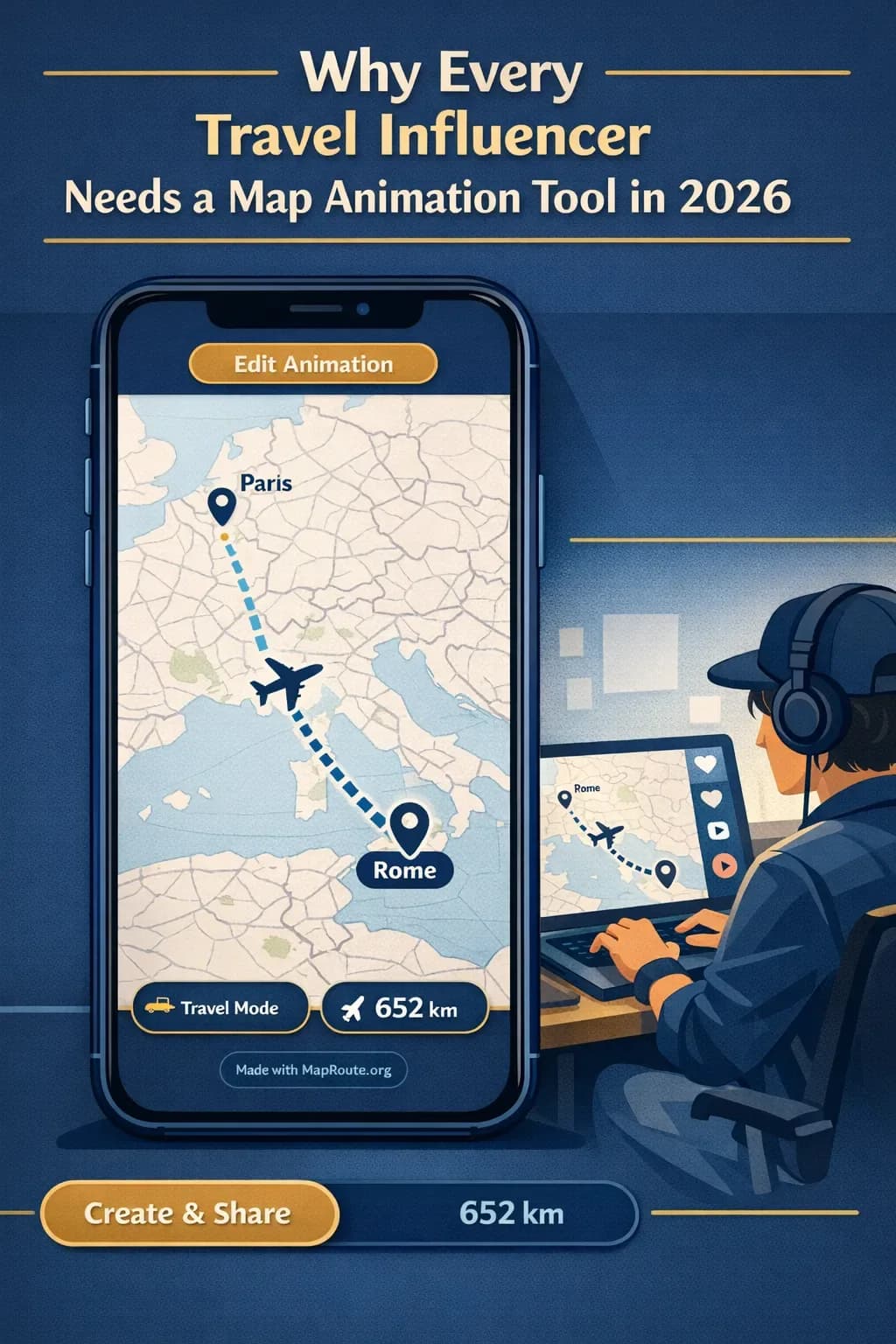 Travel influencer editing a map route animation on a laptop for social media