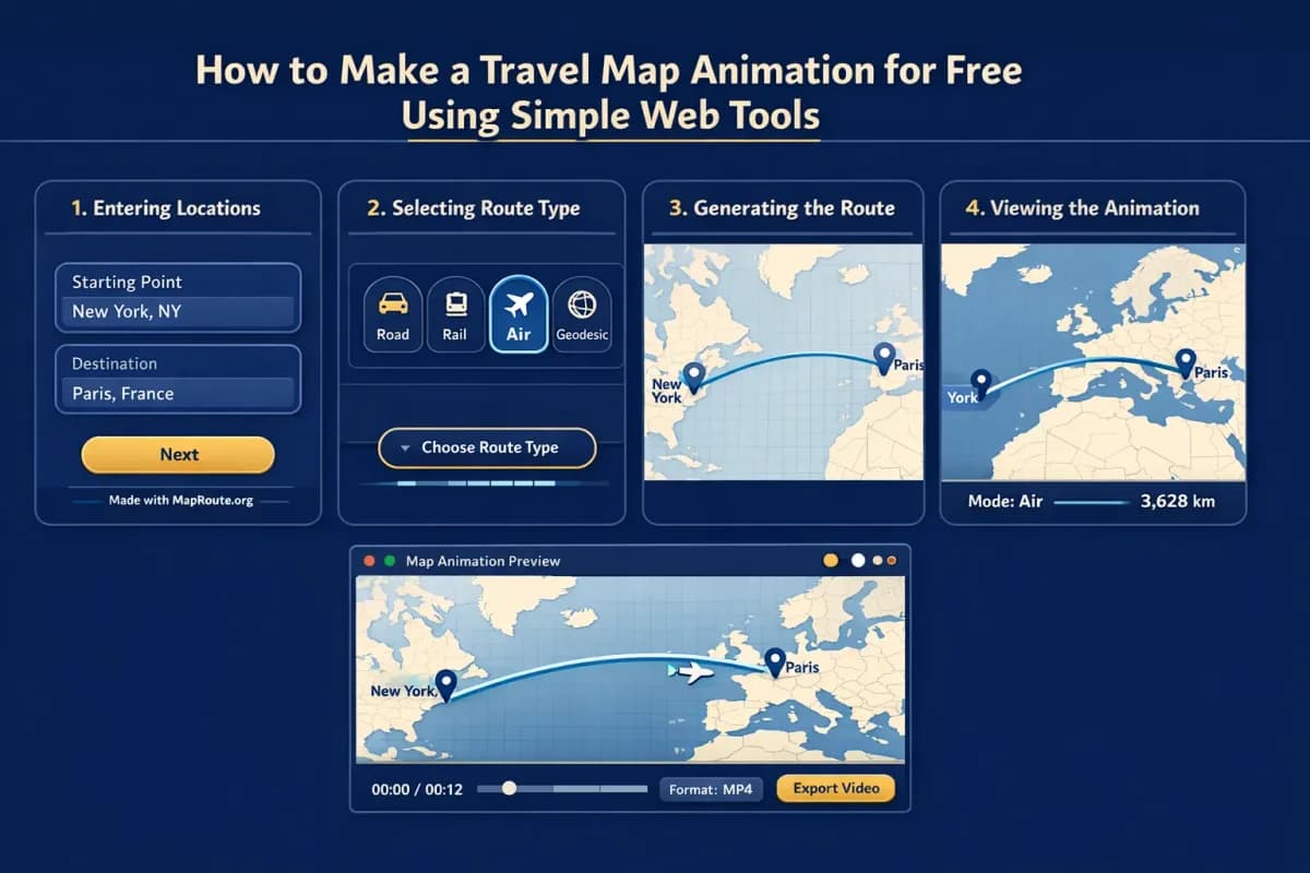 Browser window with a travel map animation timeline and export options visible