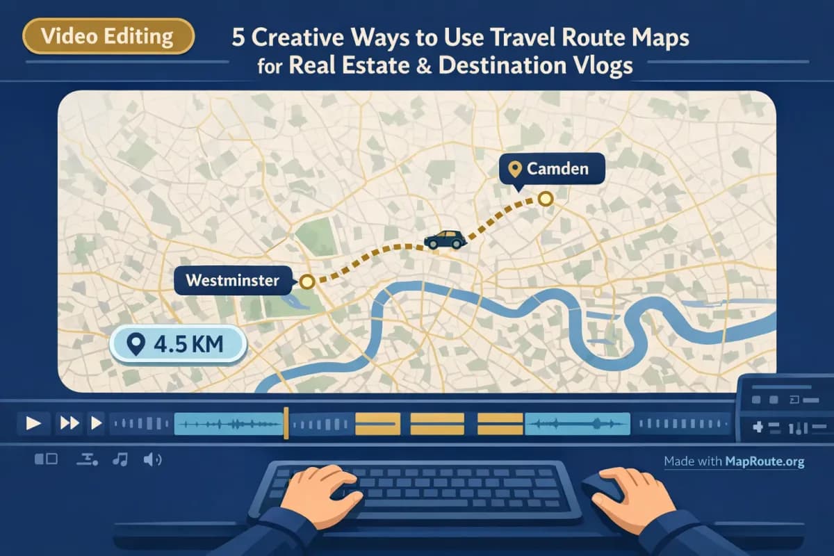 Creator editing a travel route map animation for a real estate vlog