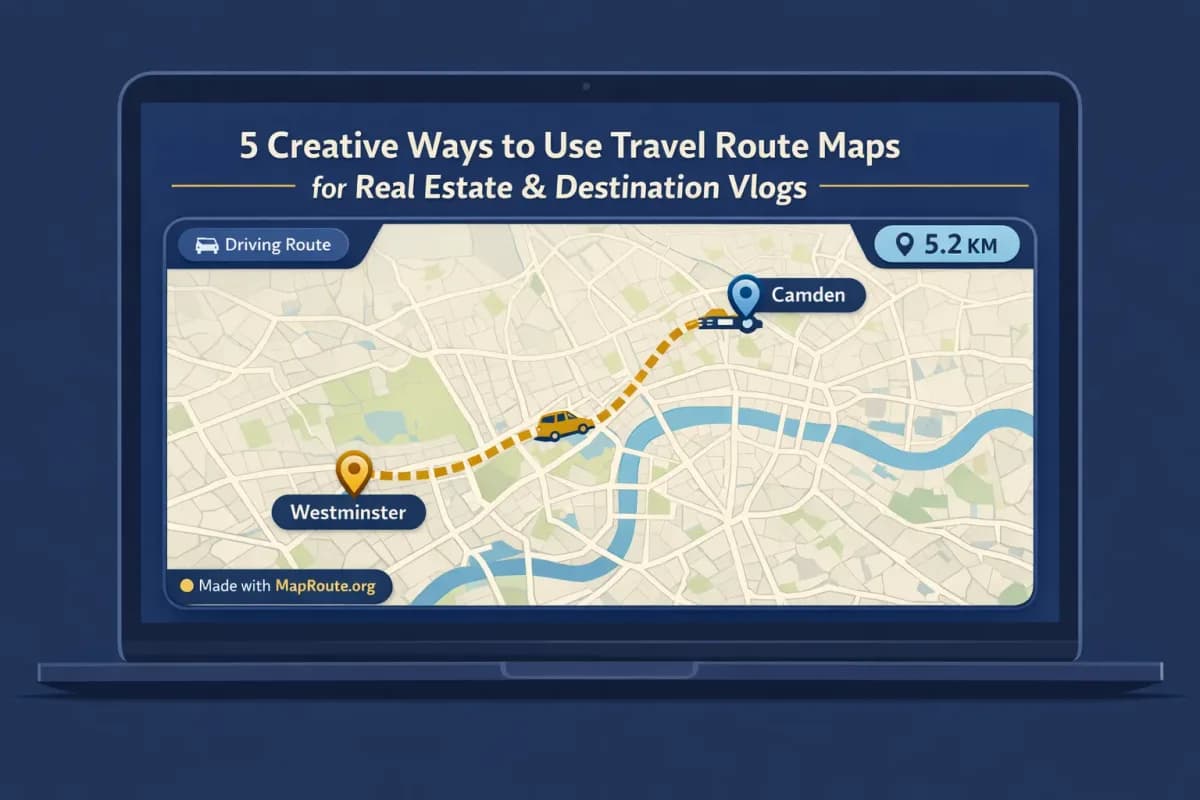 Animated road route map between two cities on a laptop screen