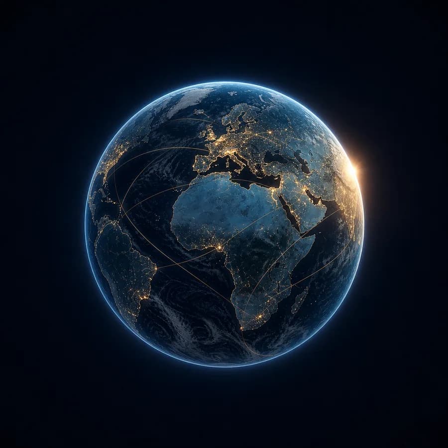 A globe with gold travel arcs across the oceans, in Map Route’s navy map palette.
