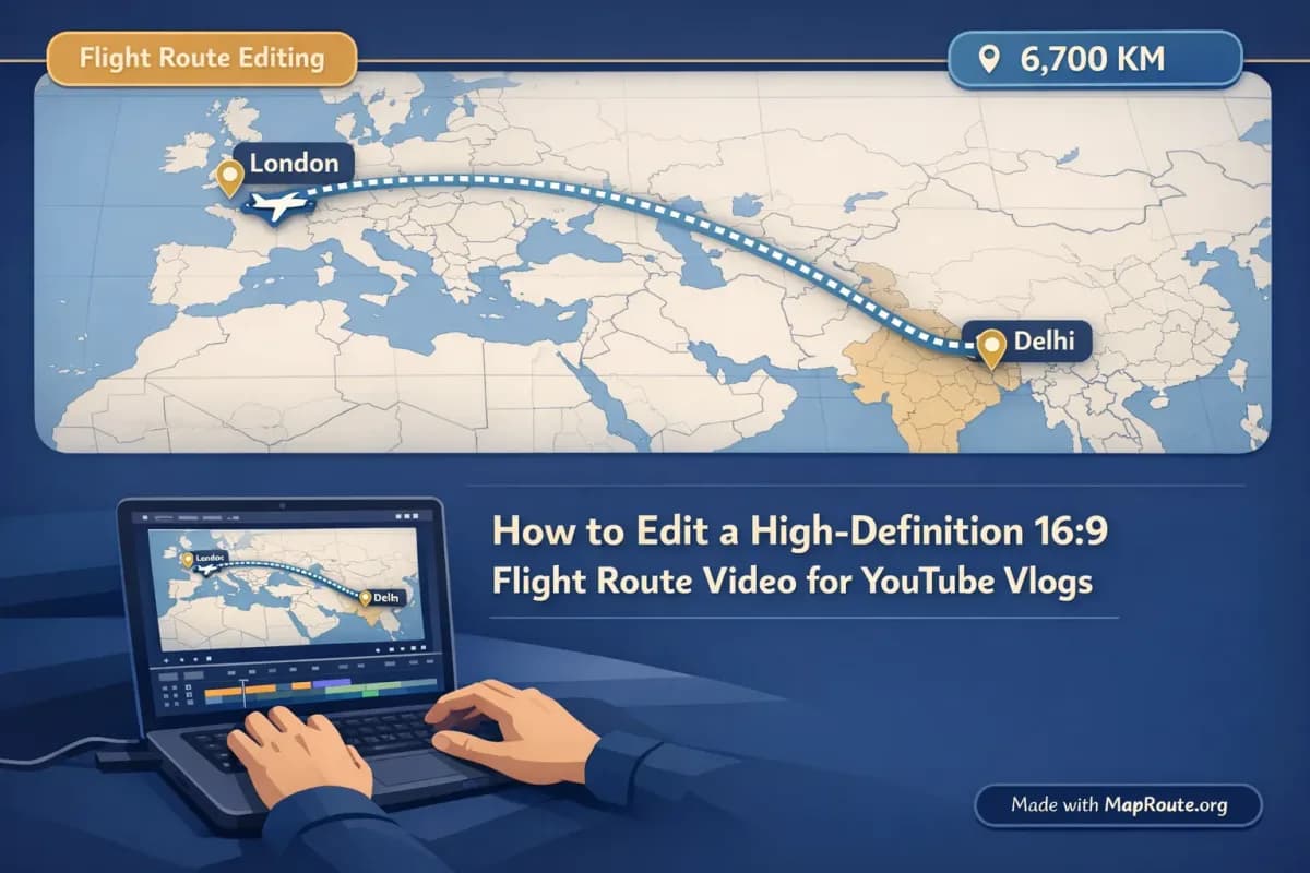 Creator editing a 16:9 flight route animation on a laptop for a YouTube travel vlog