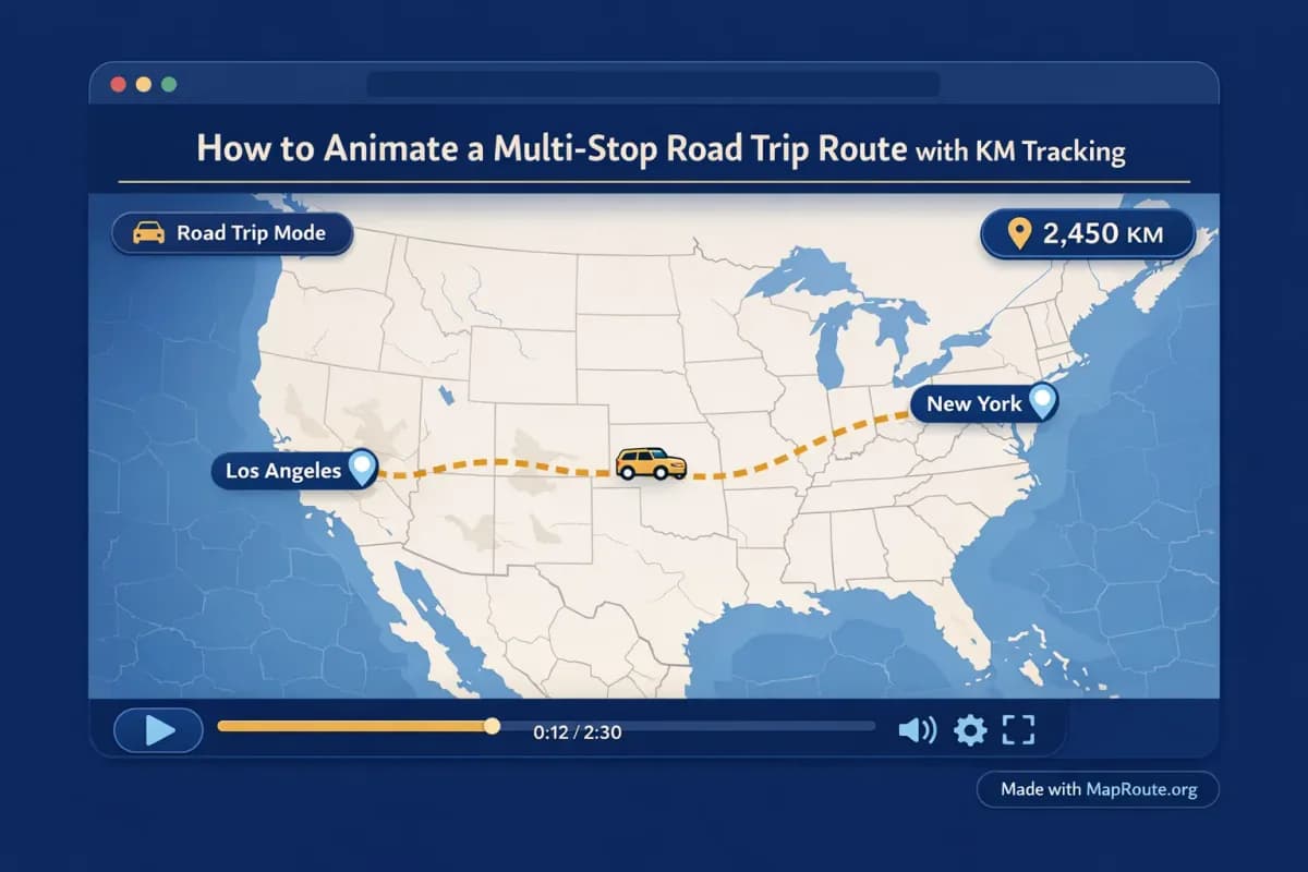 Browser window displaying a road route animation with distance in kilometers and playback controls