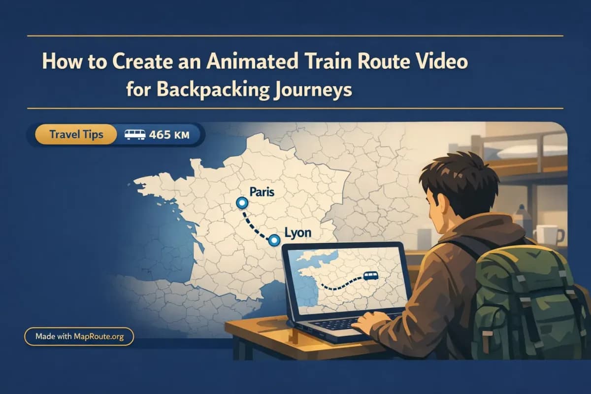 Backpacker watching an animated train route map on a laptop in a hostel