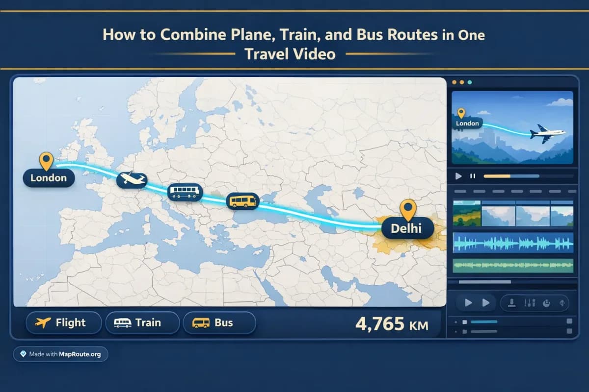 Creator editing a travel video that combines plane, train, and bus map animations