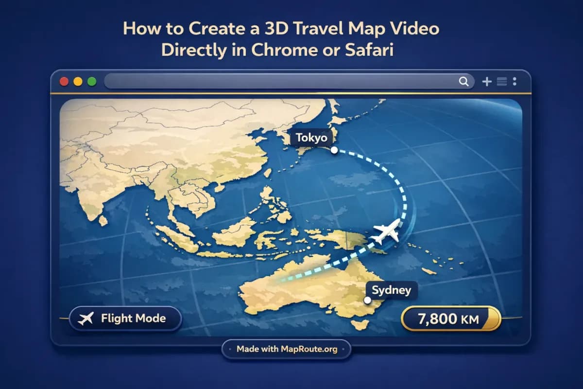 Browser window showing a 3D-style animated travel route on a world map