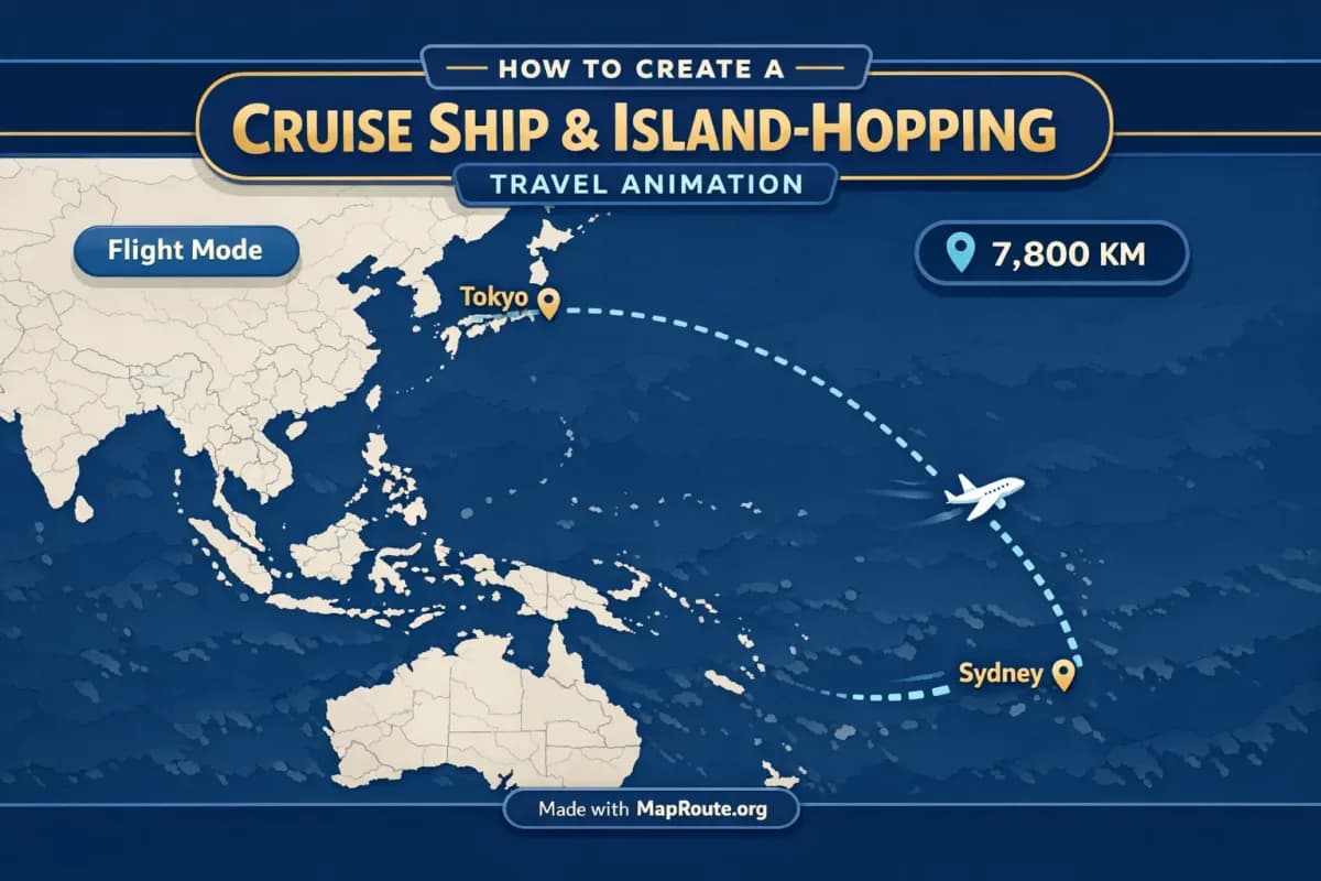 Animated map showing a route across islands and open ocean