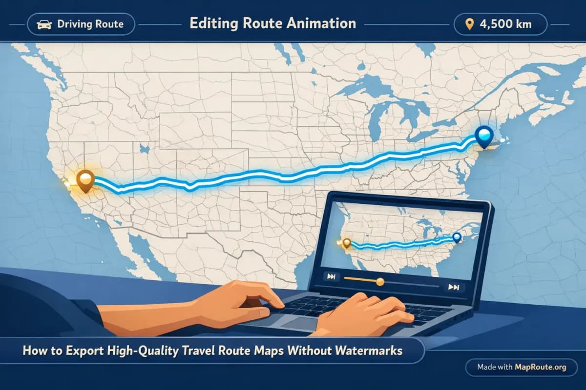 Creator editing a travel route animation of New York to Los Angeles on a laptop