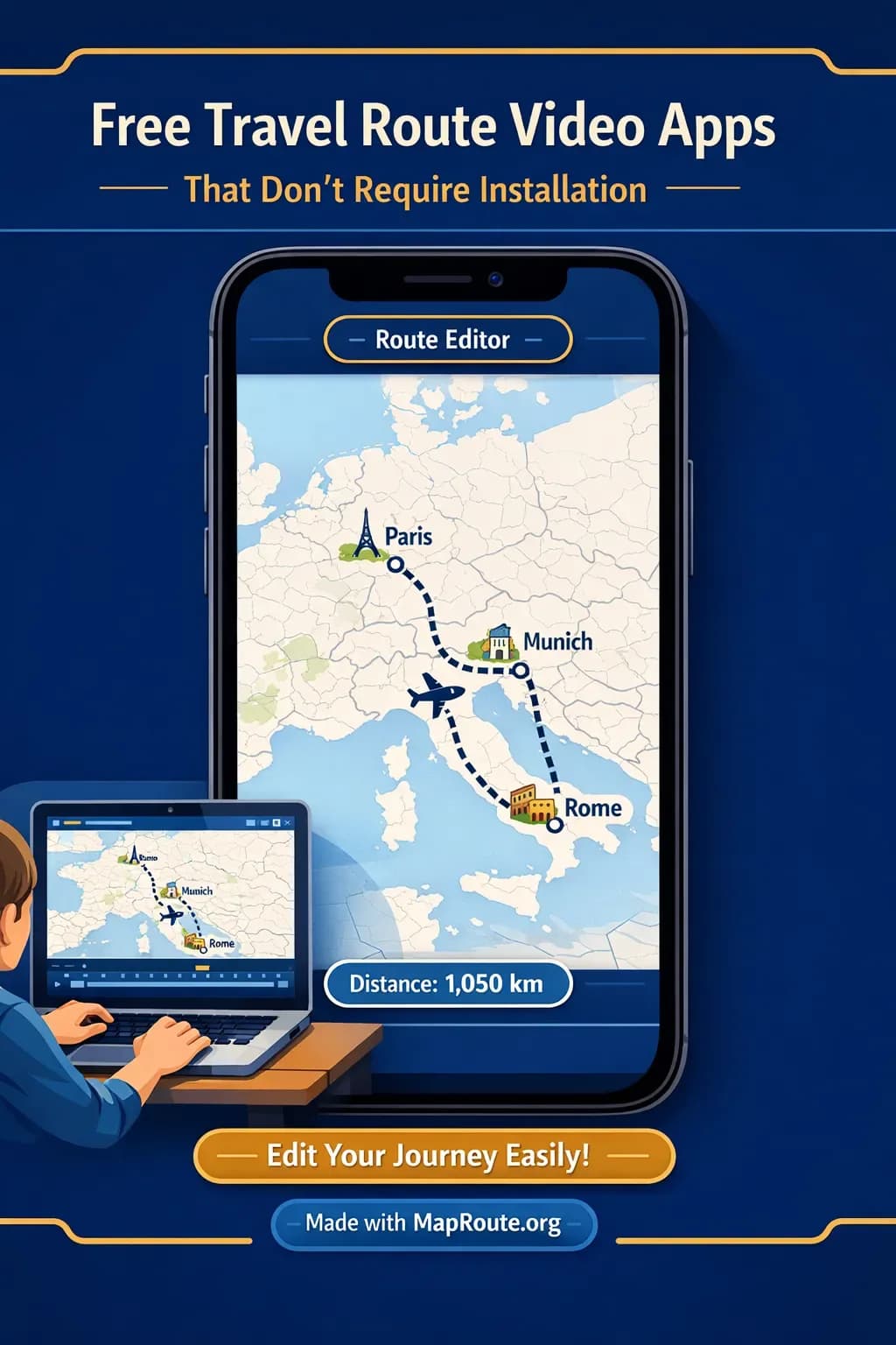Creator editing a browser-based animated travel route video on a laptop