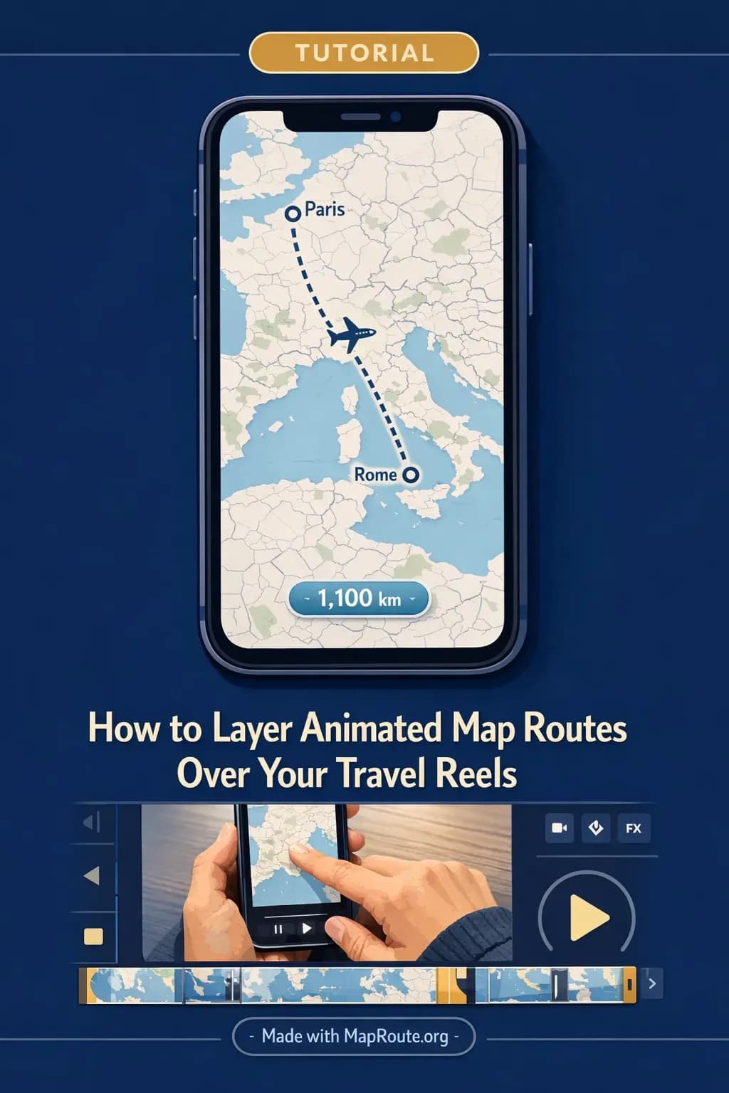 Creator editing a vertical travel reel with an animated map route overlay