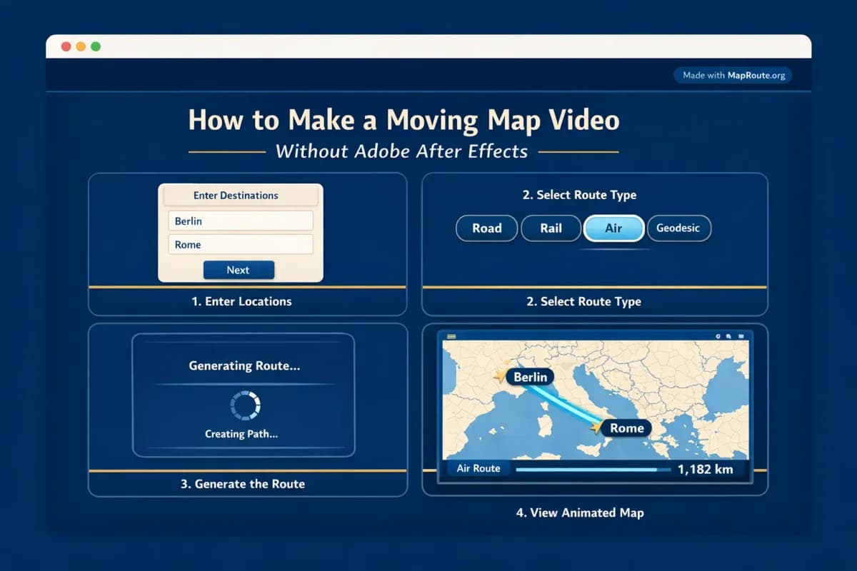 Browser window showing a moving map animation between two cities