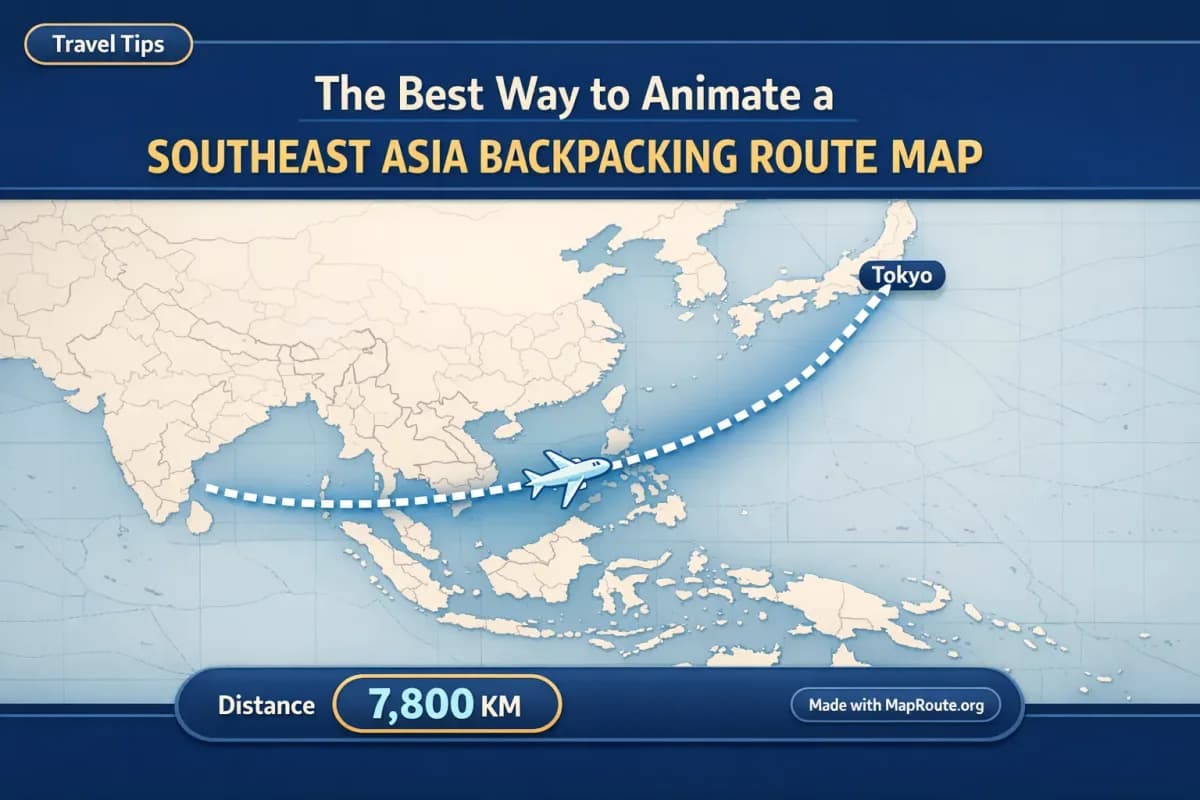 Animated route map showing a backpacking journey across Southeast Asia