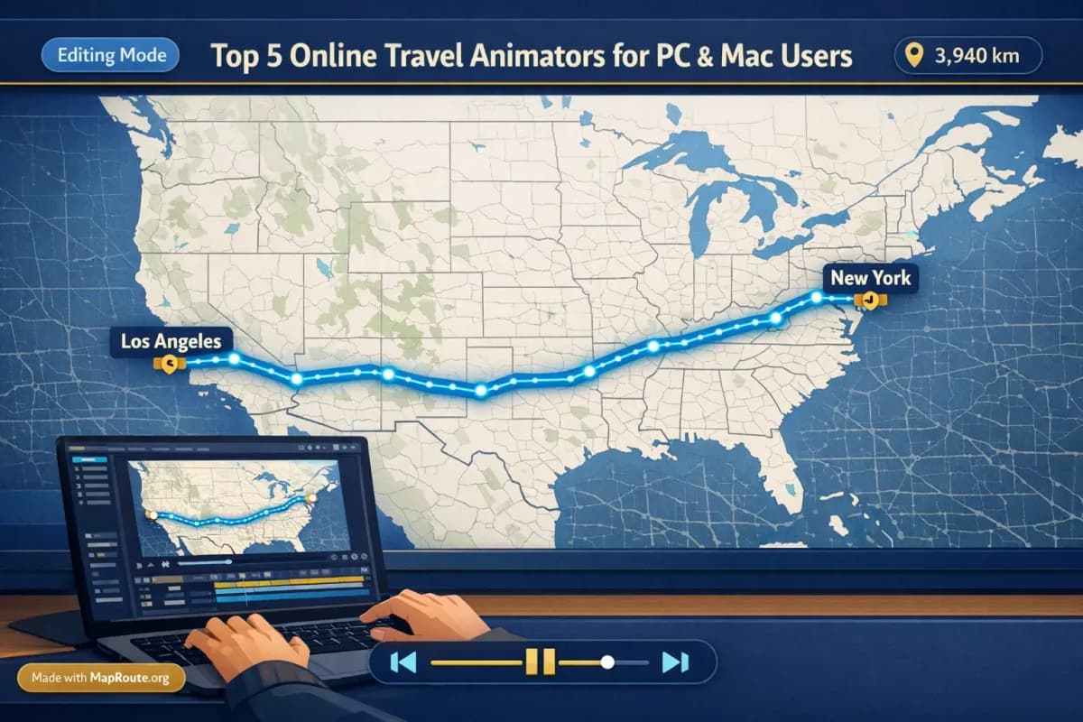 Creator editing a travel route animation on a laptop