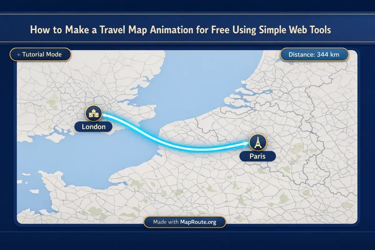 Travel map animation showing a route line between two distant cities on a world map