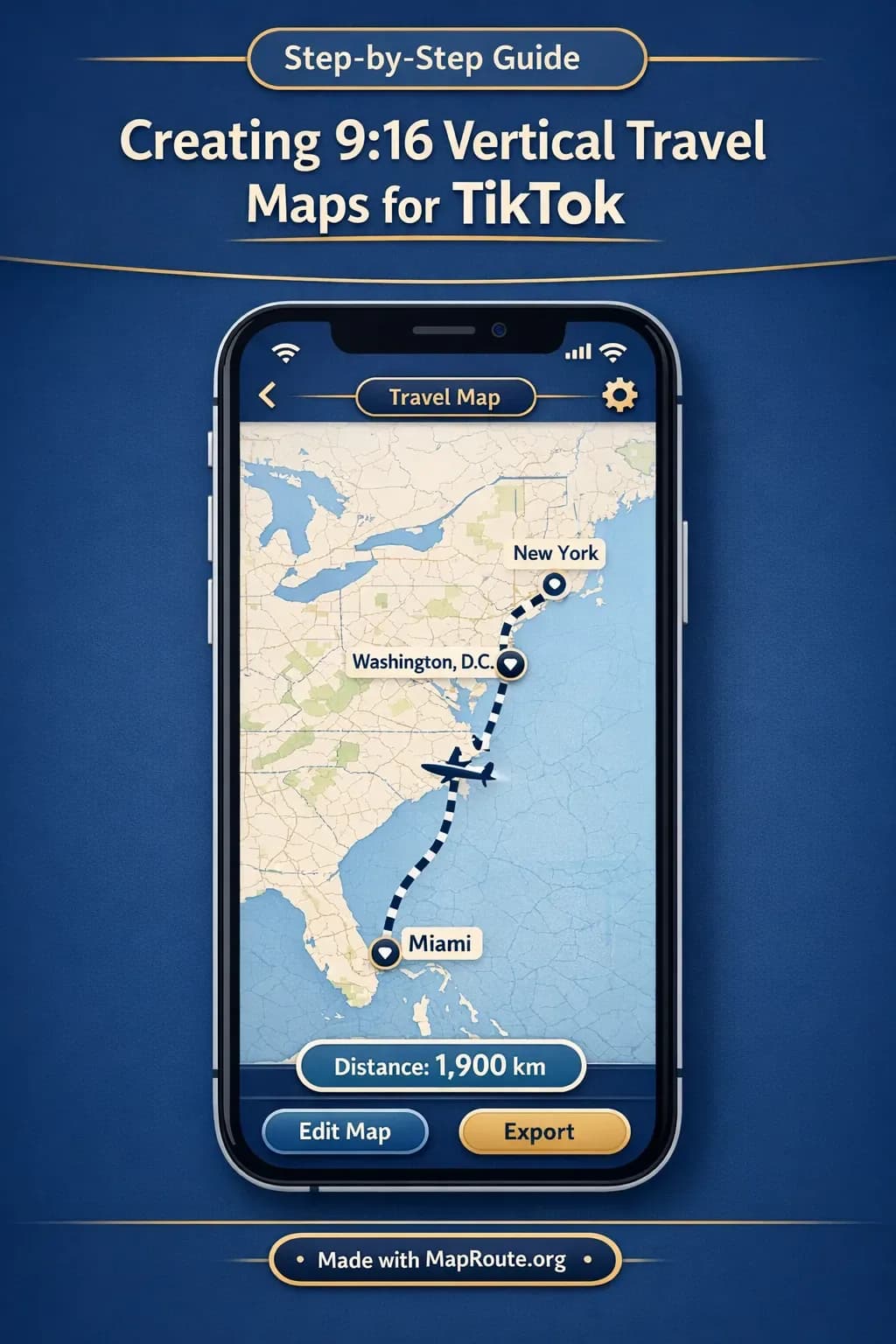 Vertical 9:16 travel map animation playing on a smartphone for TikTok