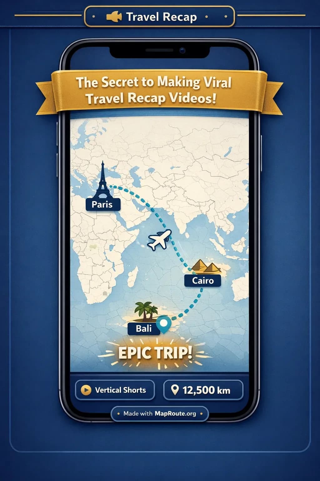 Vertical YouTube Shorts-style travel recap with an animated route across a world map