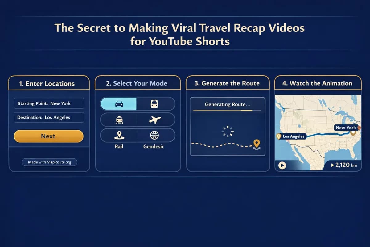 Browser window showing a road trip animation from New York to Los Angeles on a map